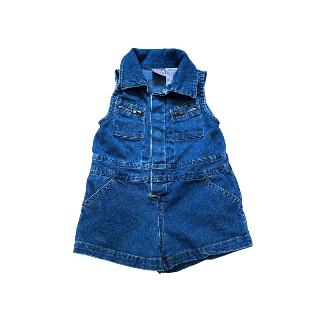 Camp Beverly Hills‎ Romper Kids Blue Denim Sleeveless Zip Pocket Vintage SIZE 2T